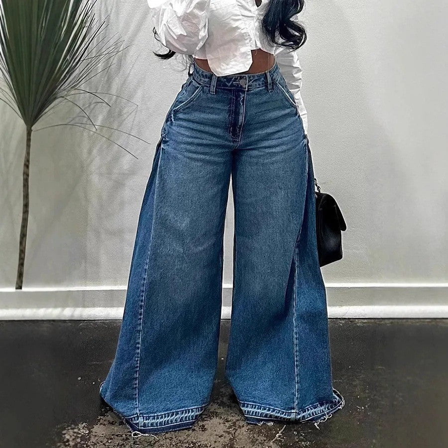 Loose Wide Leg Jeans Stitching Bell-bottom Pants Tassel Trousers-3