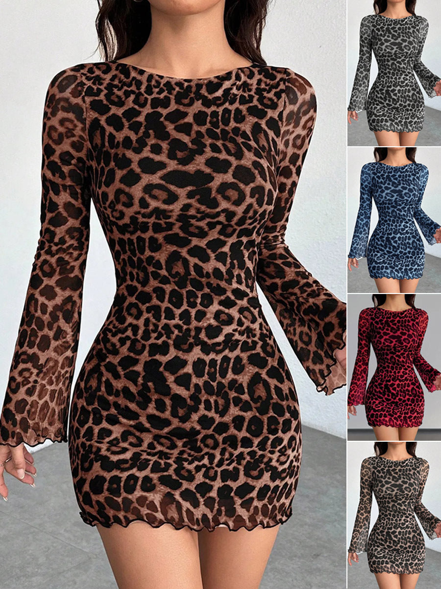 Abito donna leopardato con inserti in rete