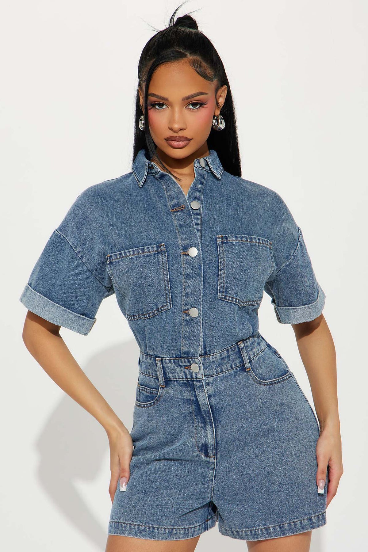 Tuta intera da donna in denim con vita elasticizzata