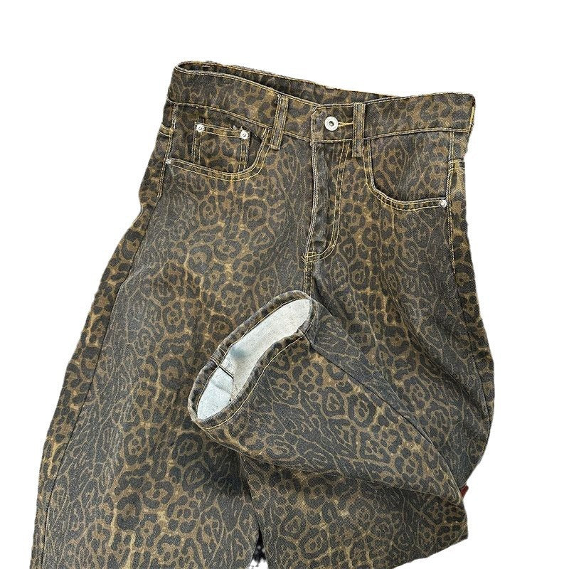 American Retro Leopard Print Wide Leg Denim Pants