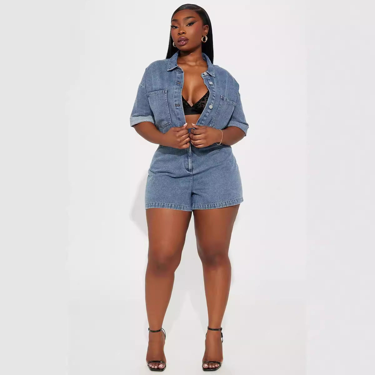 Tuta intera da donna in denim con vita elasticizzata