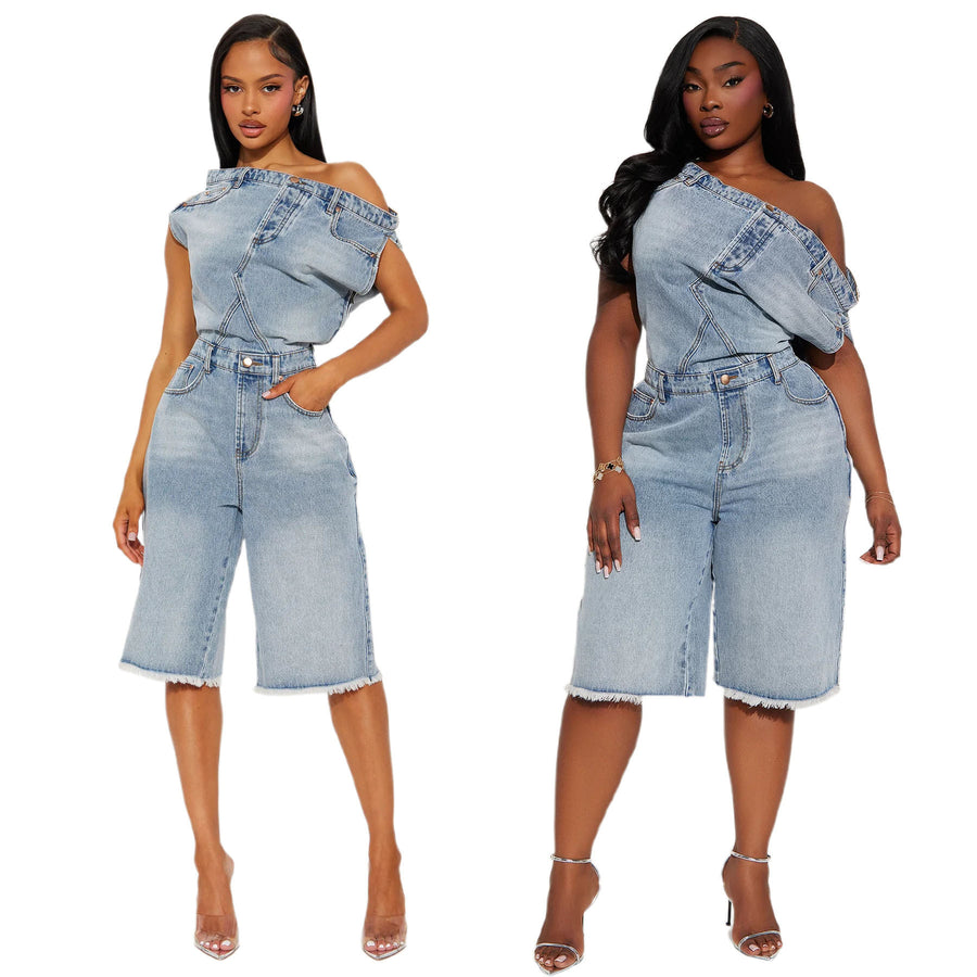 Tuta intera donna in denim senza spalline