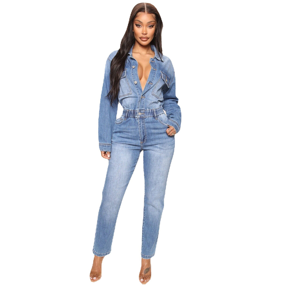 Tuta intera in denim a maniche lunghe da donna