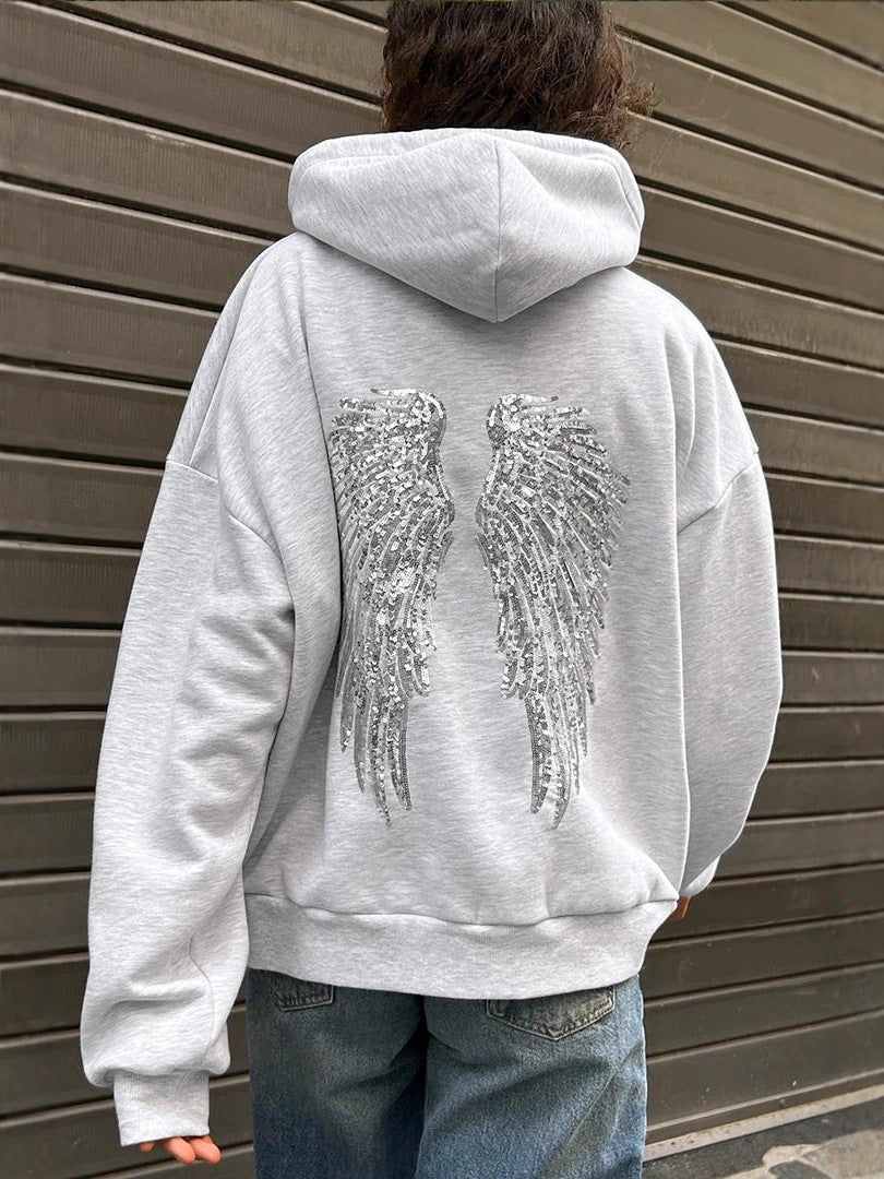 Felpa con cappuccio e pantaloni casual con paillettes e ali in stile dolce e piccante