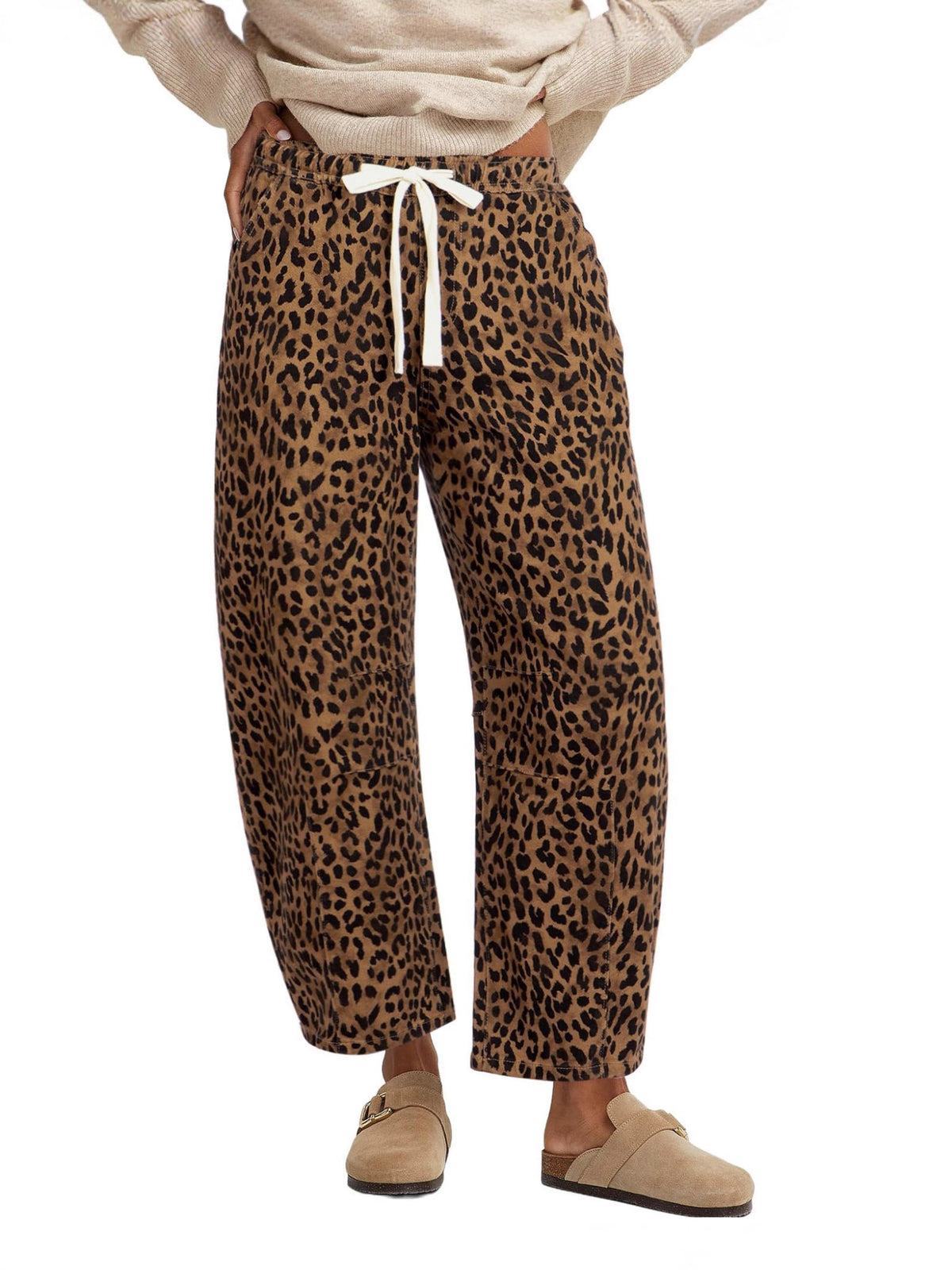Pantaloni donna leopardati a gamba dritta con vita elasticizzata