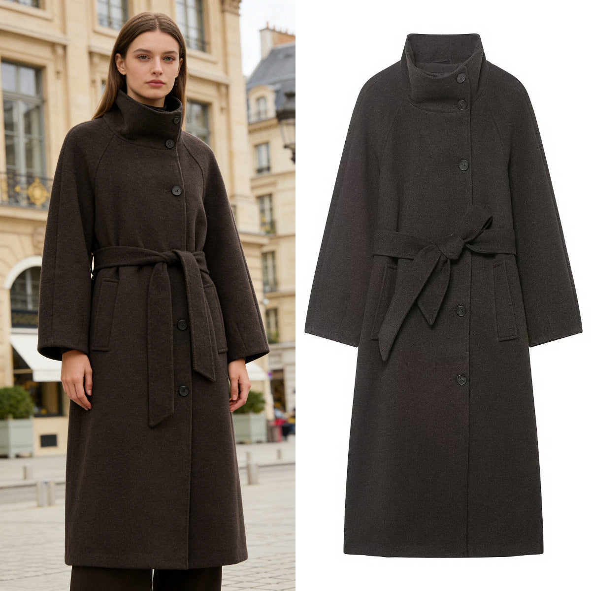 Women's Stand Collar Belted Long Coat - originaledrip 48.00