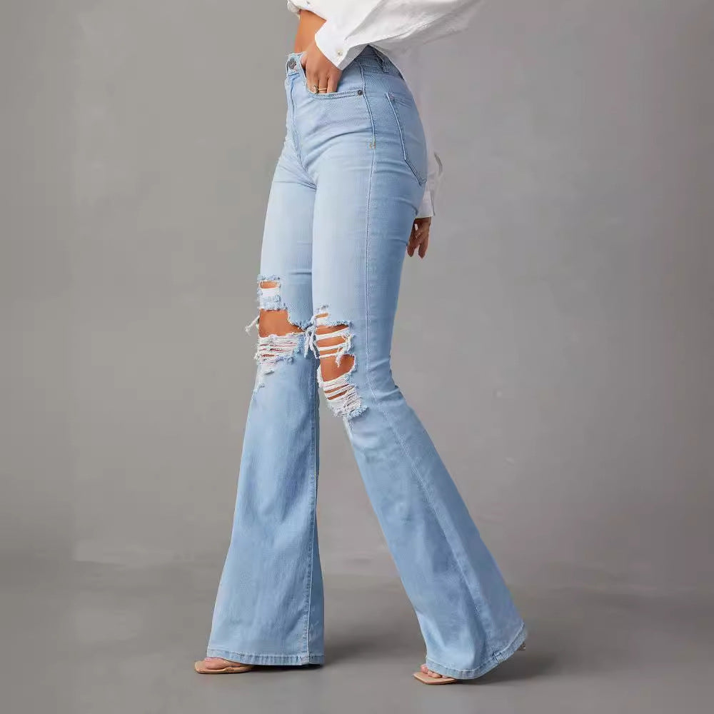 Pantaloni da donna eleganti a gamba larga, a vita alta e strappati, stile cowboy.