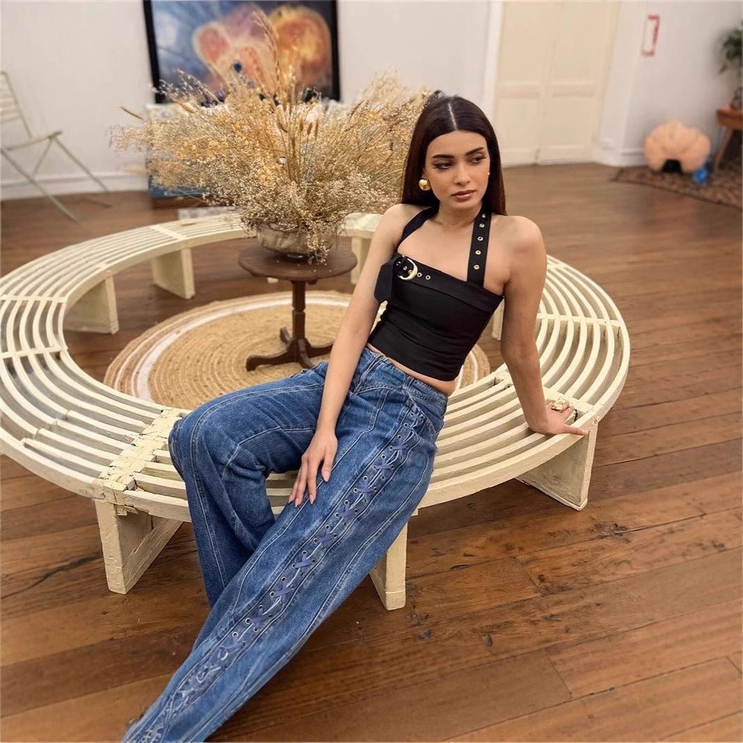 New Low Waist Hollow Lace-up Wide-leg Jeans For Women-1
