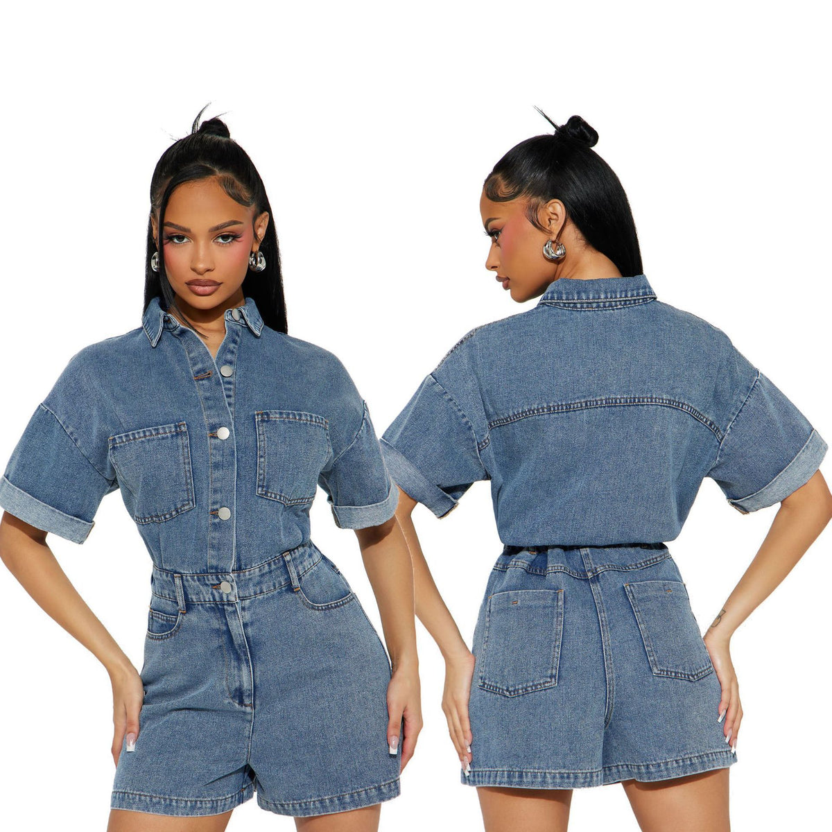 Tuta intera da donna in denim con vita elasticizzata