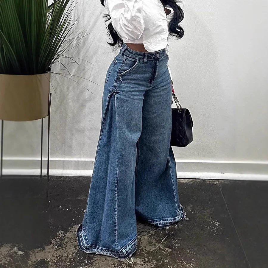 Loose Wide Leg Jeans Stitching Bell-bottom Pants Tassel Trousers-1