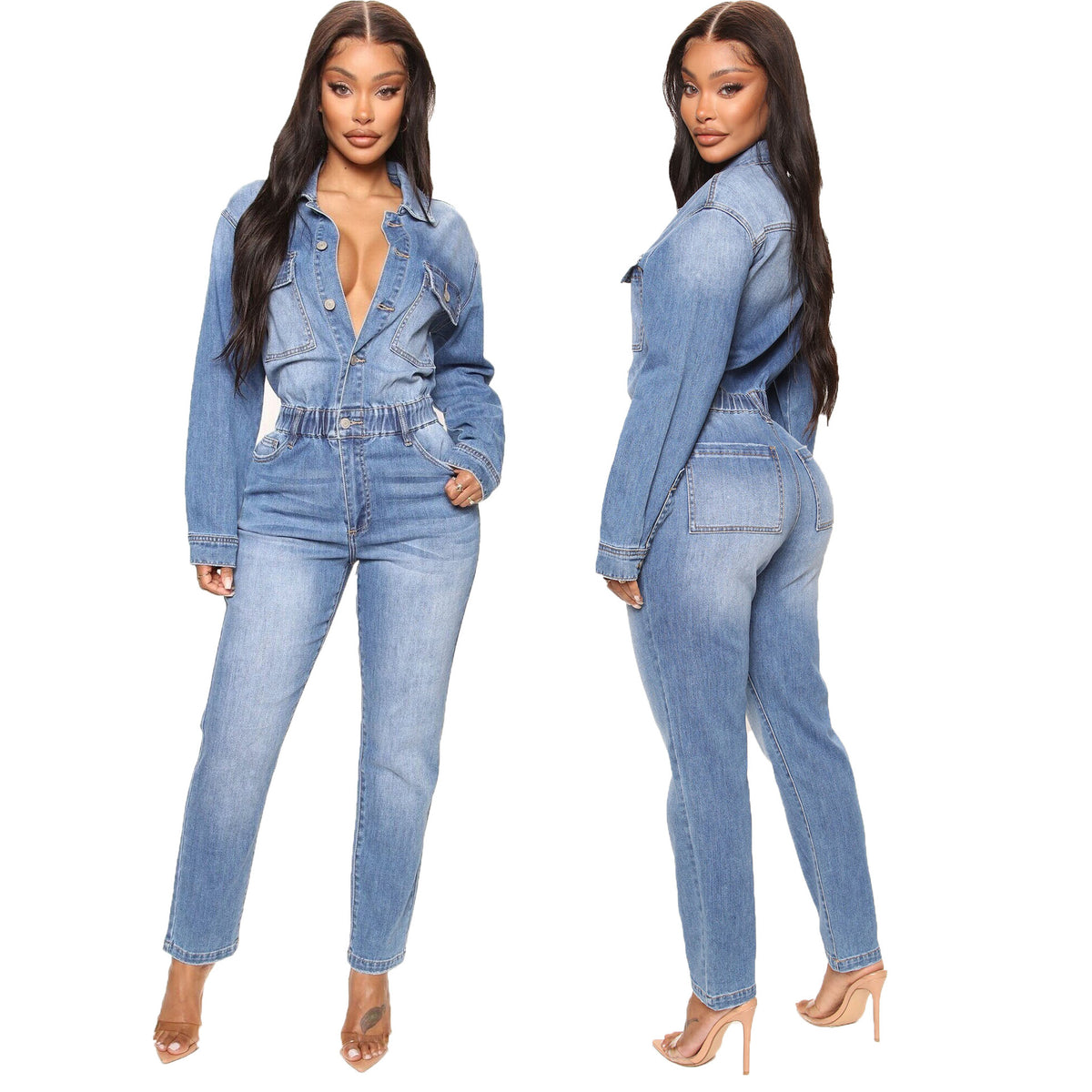 Tuta intera in denim a maniche lunghe da donna
