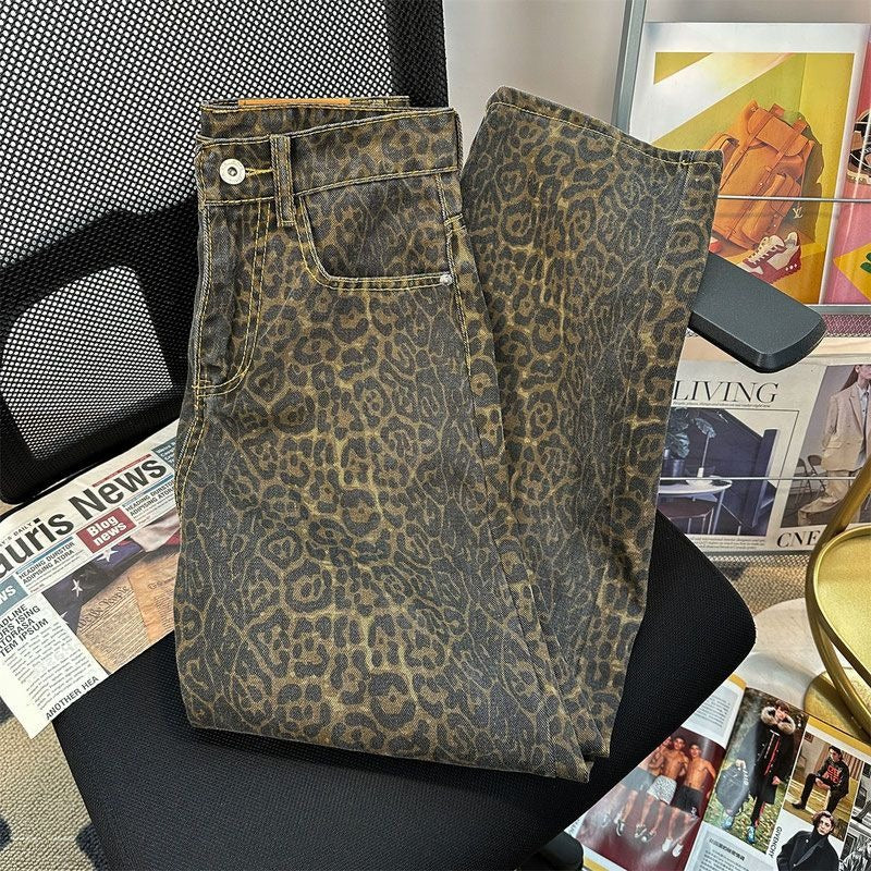 American Retro Leopard Print Wide Leg Denim Pants