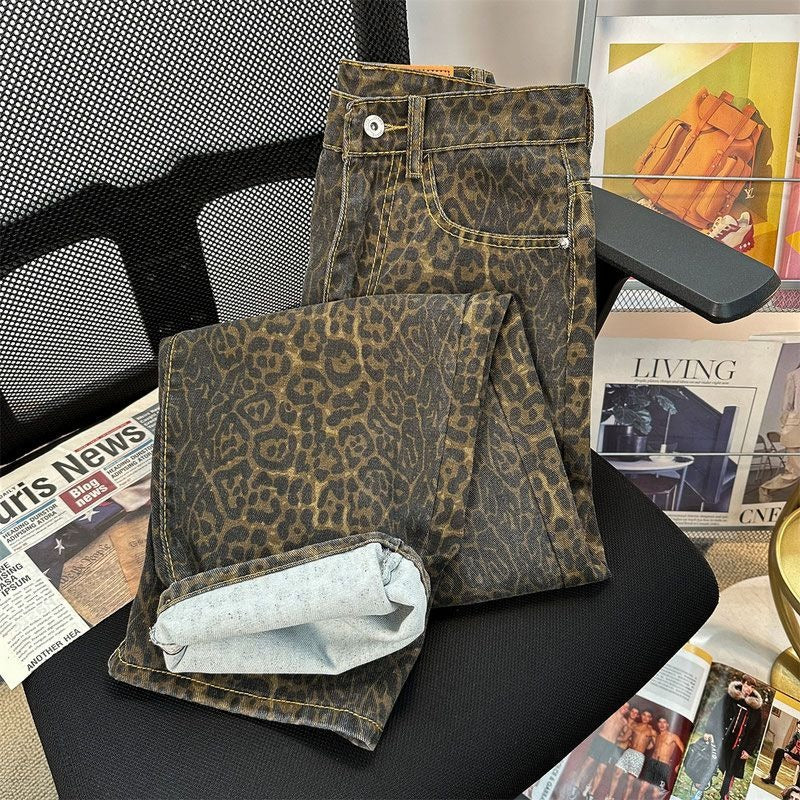 American Retro Leopard Print Wide Leg Denim Pants