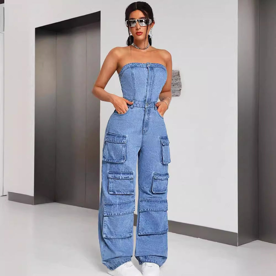Tuta intera donna in denim a fascia con tasche