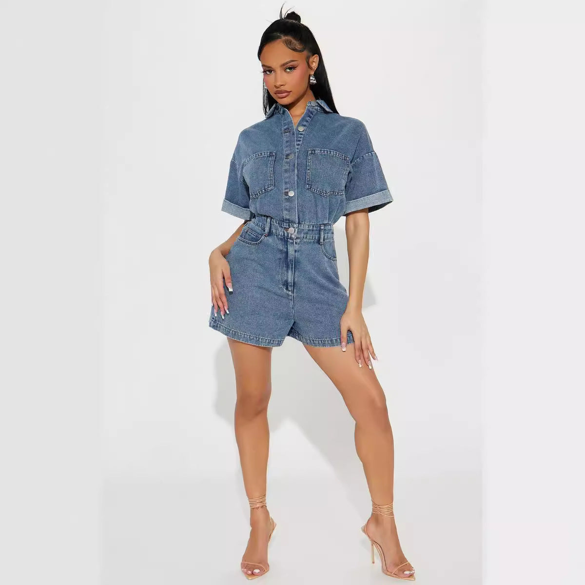 Tuta intera da donna in denim con vita elasticizzata