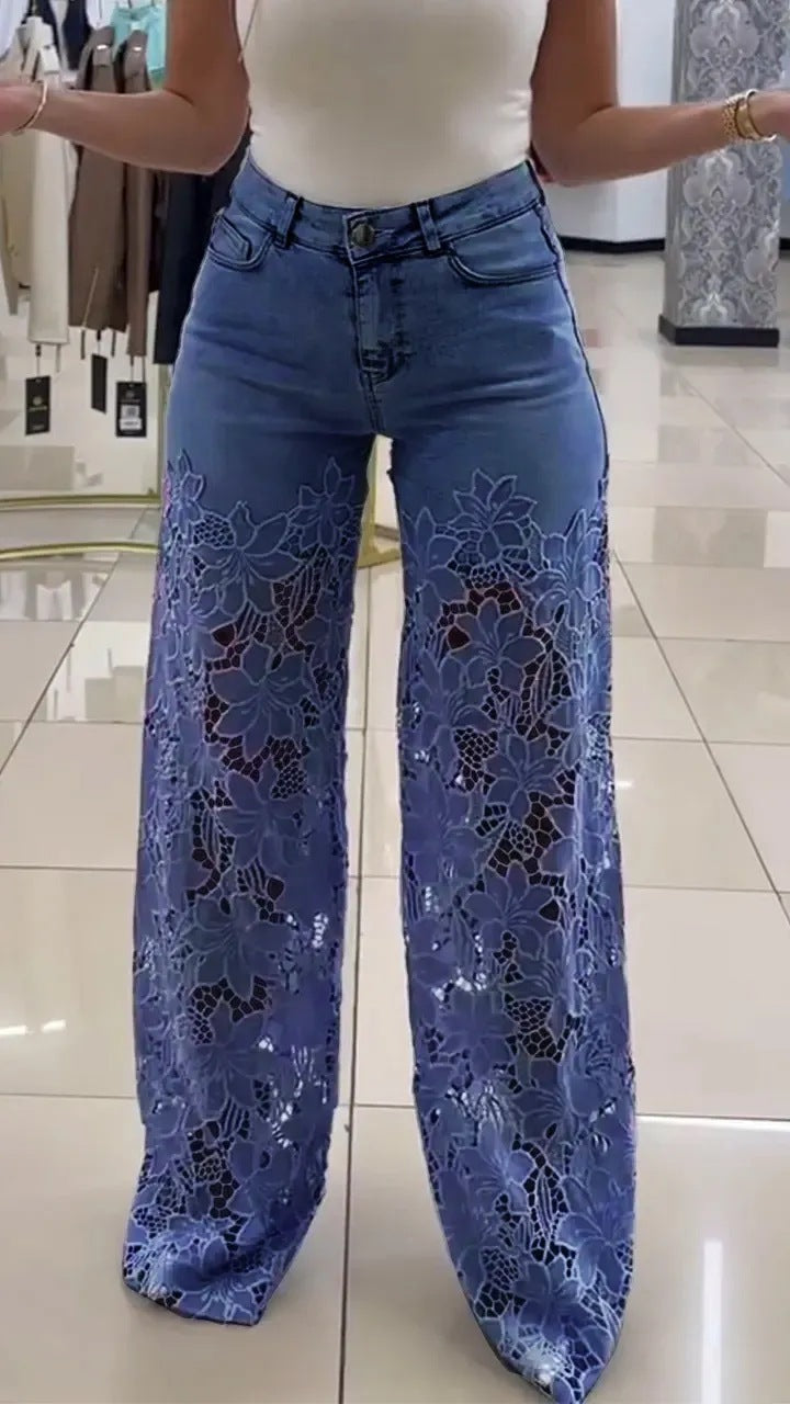 Pantaloni in denim con pizzo trasparente a vita alta originaledrip