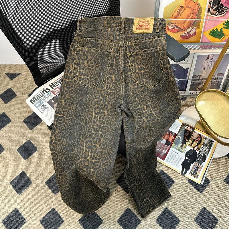 American Retro Leopard Print Wide Leg Denim Pants