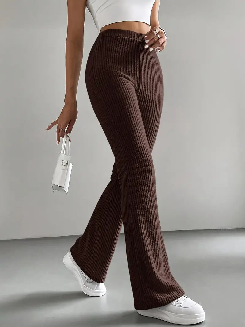 Pantaloni a zampa da donna, pantaloni casual a coste in tinta unita