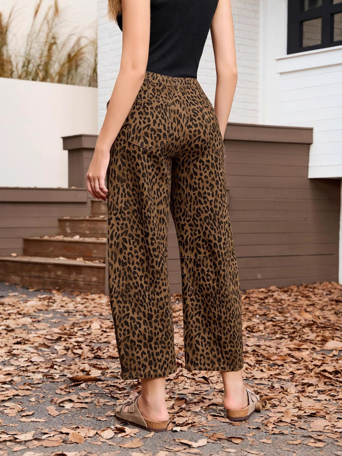 Pantaloni donna leopardati a gamba dritta con vita elasticizzata