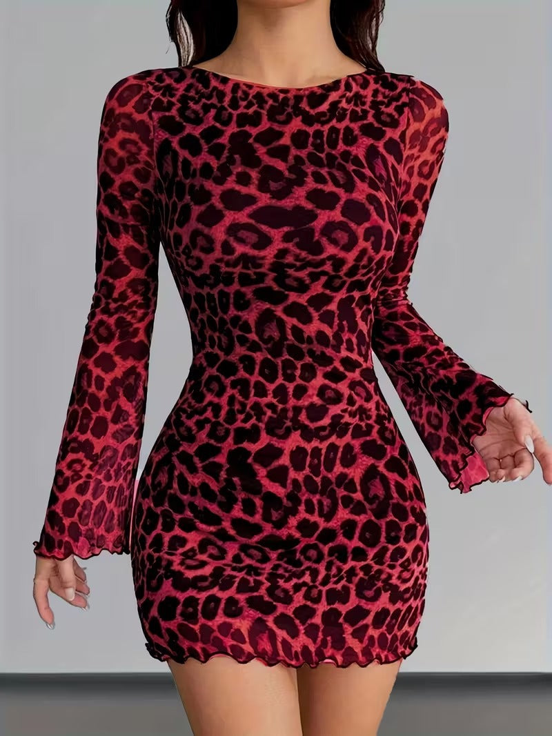 Abito da donna con inserti in rete e stampa leopardata