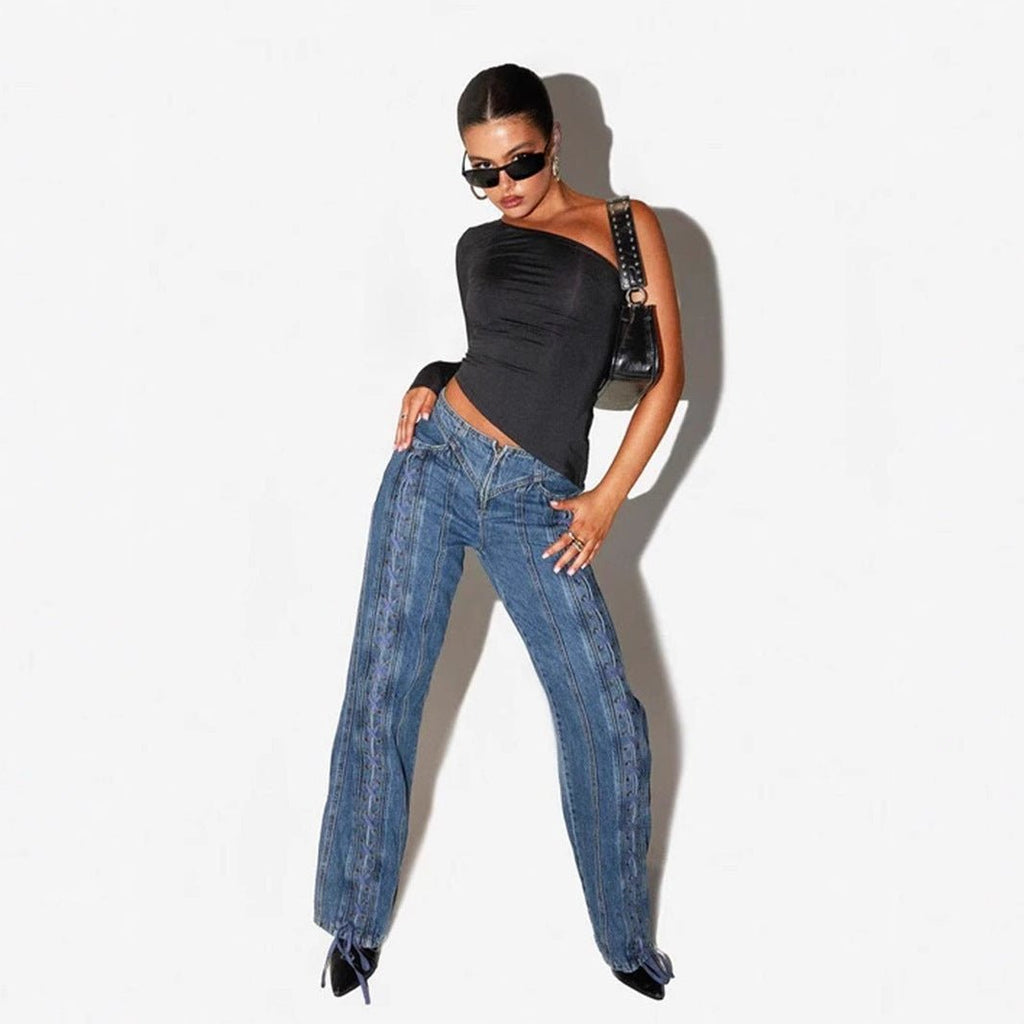 New Low Waist Hollow Lace-up Wide-leg Jeans For Women-0