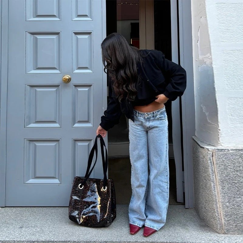 Leopard Print Five-pointed Star Deconstructing Jeans For Women-0