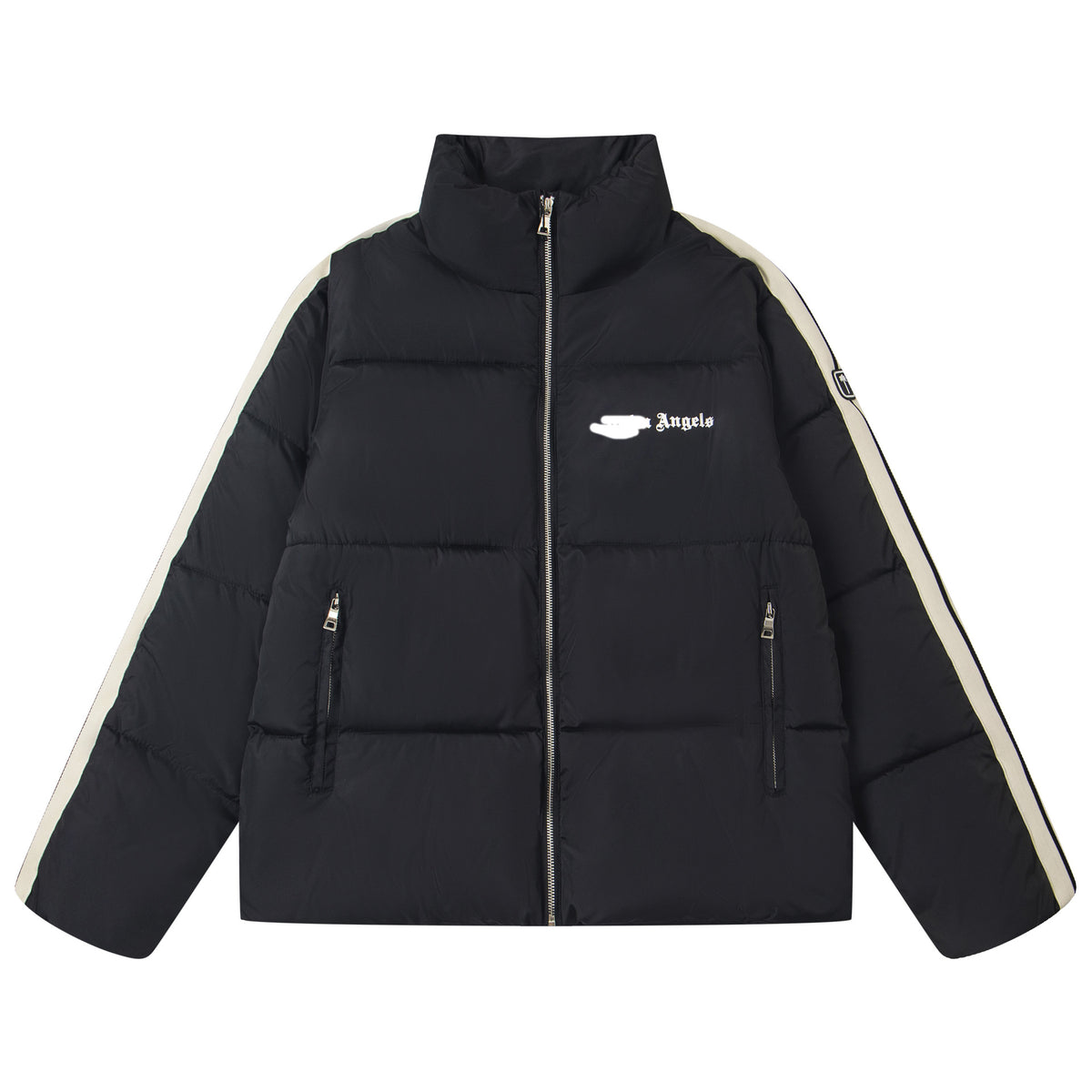 Giacca nera lucida in cotone spesso con piccolo logo