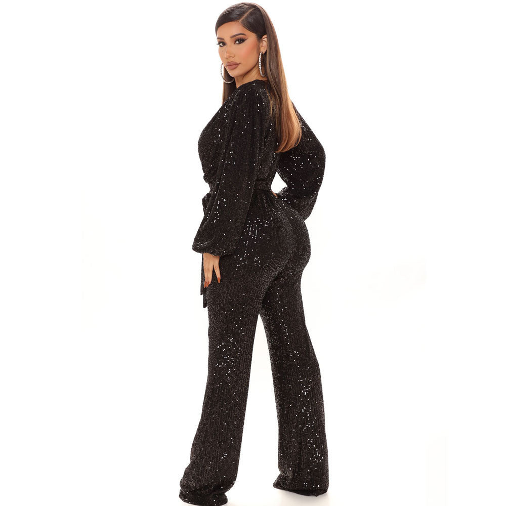 Pantaloni da donna a gamba larga con scollo a V e paillettes