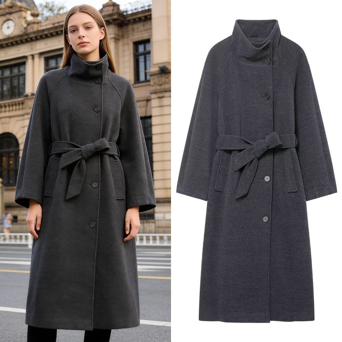 Women's Stand Collar Belted Long Coat - originaledrip 48.00