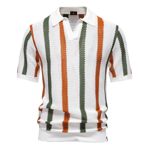 Breathable Striped Mens Polo Shirt Summer Short Sleeve Knit Top - originaledrip 25.00