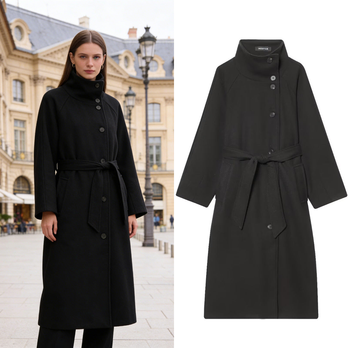 Women's Stand Collar Belted Long Coat - originaledrip 48.00