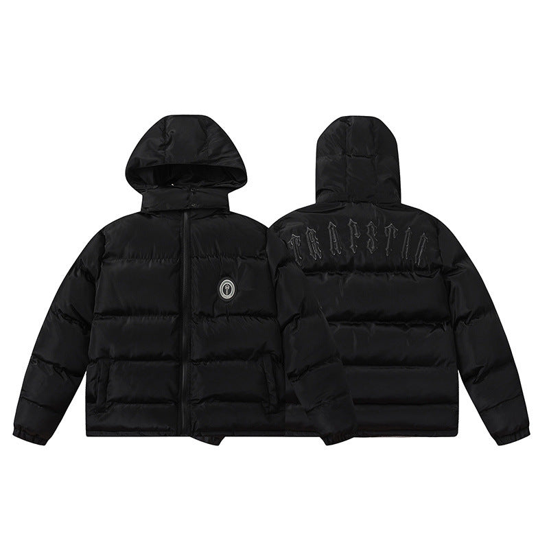 Giacca nera lucida in cotone spesso con piccolo logo