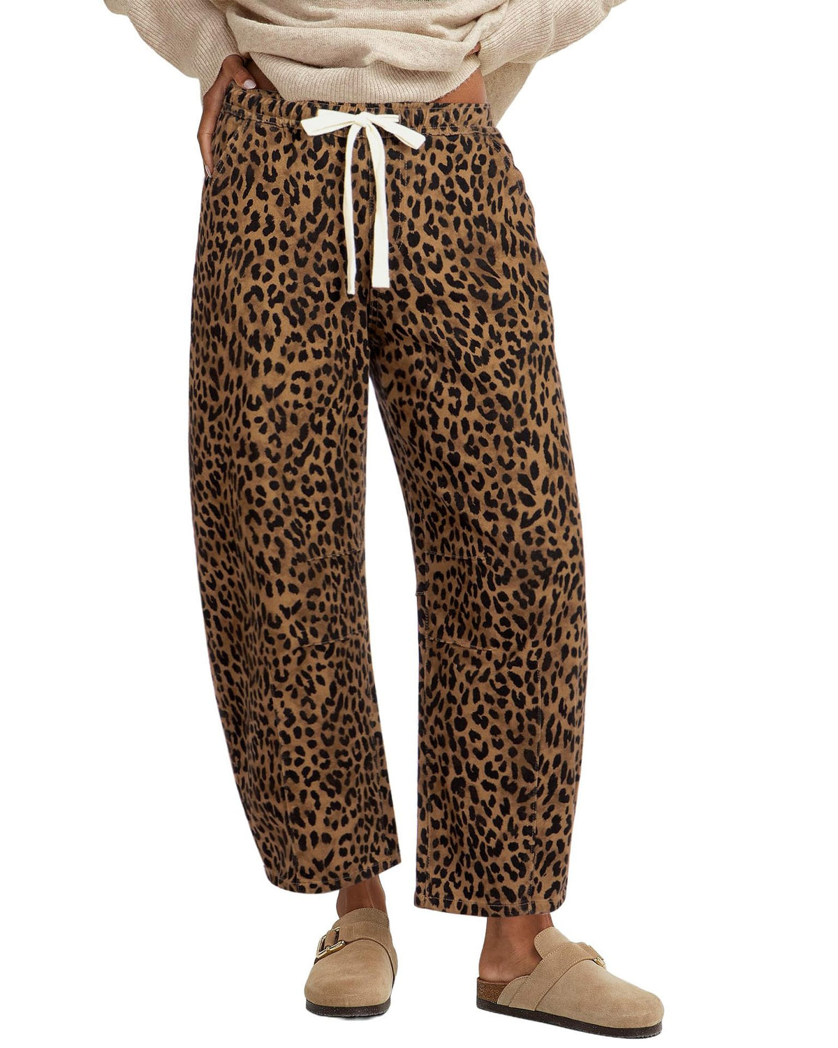 Pantaloni donna leopardati a gamba dritta con vita elasticizzata