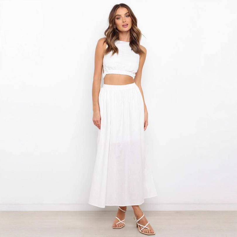 Solid color slim-fit pleated midi skirt
