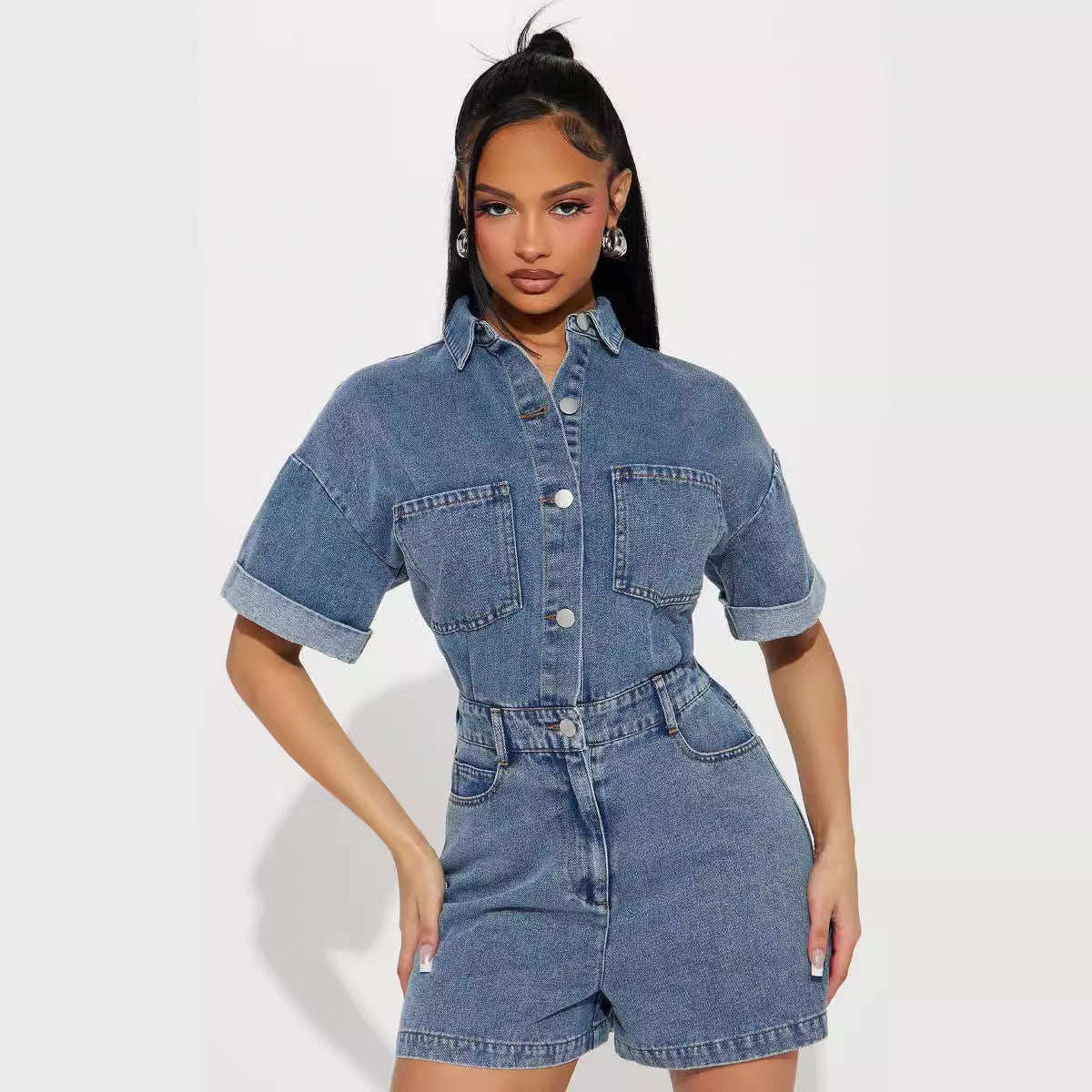 Tuta intera da donna in denim con vita elasticizzata