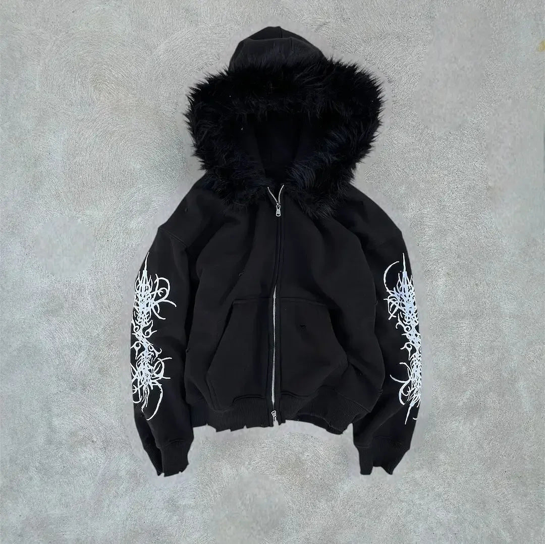Cardigan in pile con cappuccio e cerniera frontale