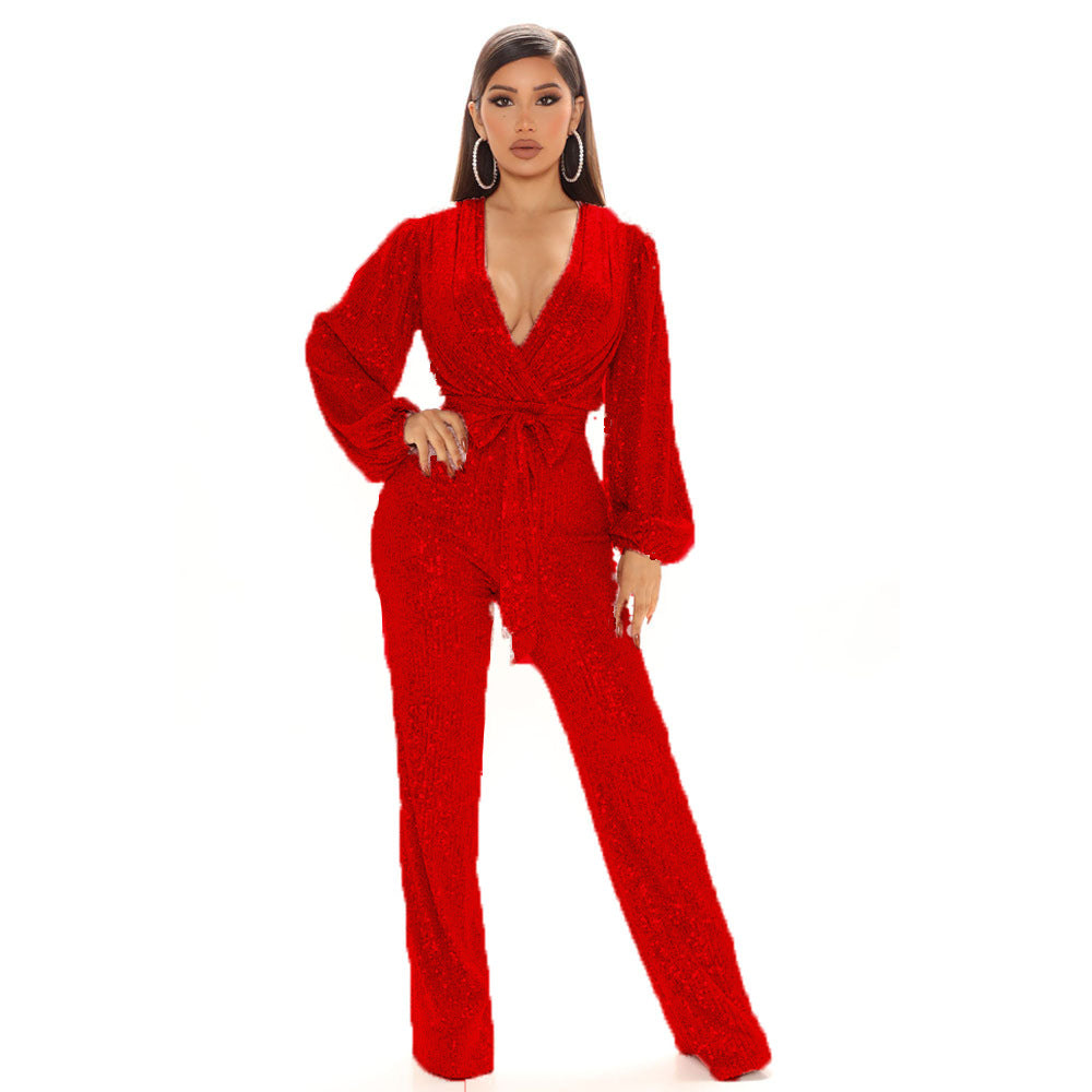 Pantaloni da donna a gamba larga con scollo a V e paillettes