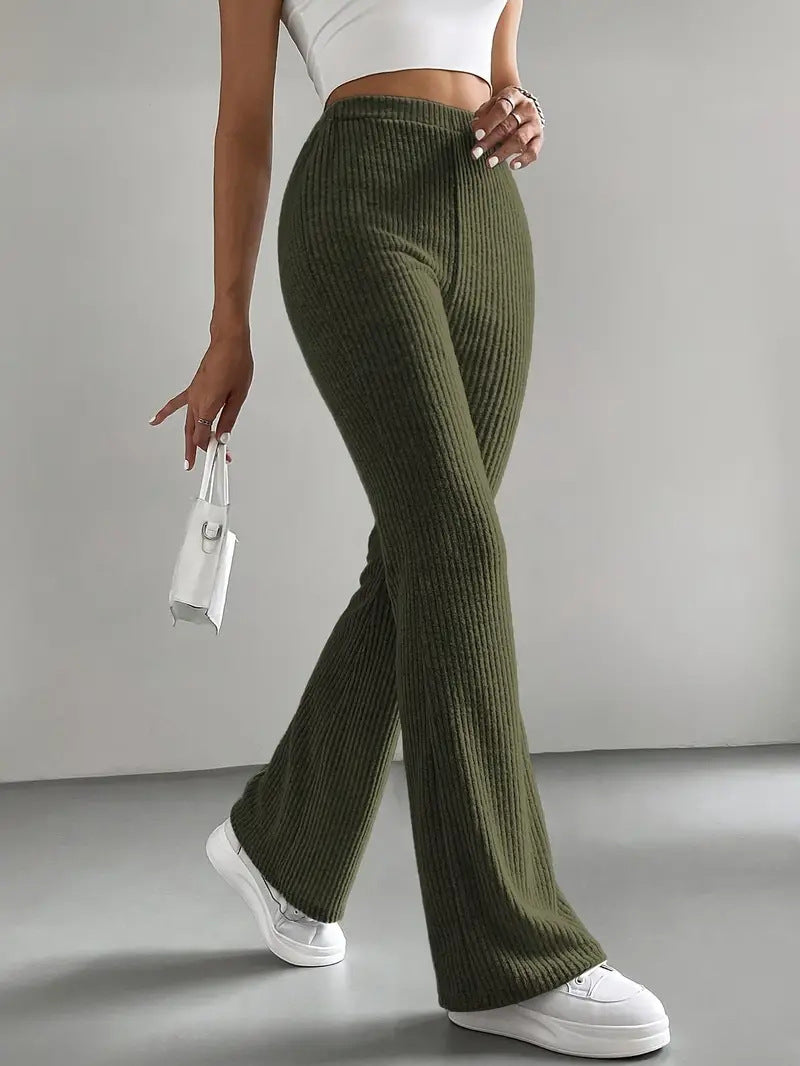 Pantaloni a zampa da donna, pantaloni casual a coste in tinta unita