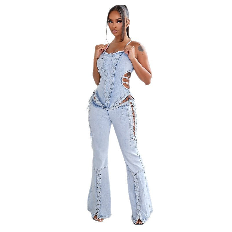 Tuta intera da donna in denim con spalline sottili, effetto snellente