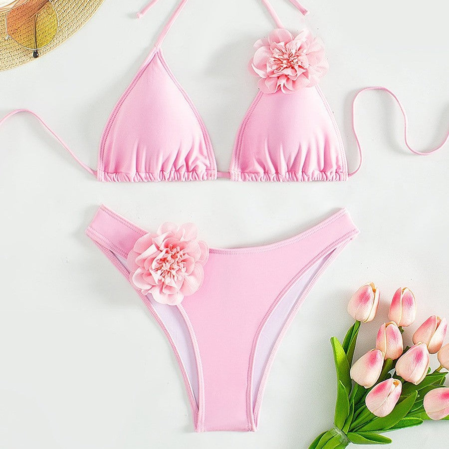 Bikini sexy a tinta unita con stampa floreale tridimensionale
