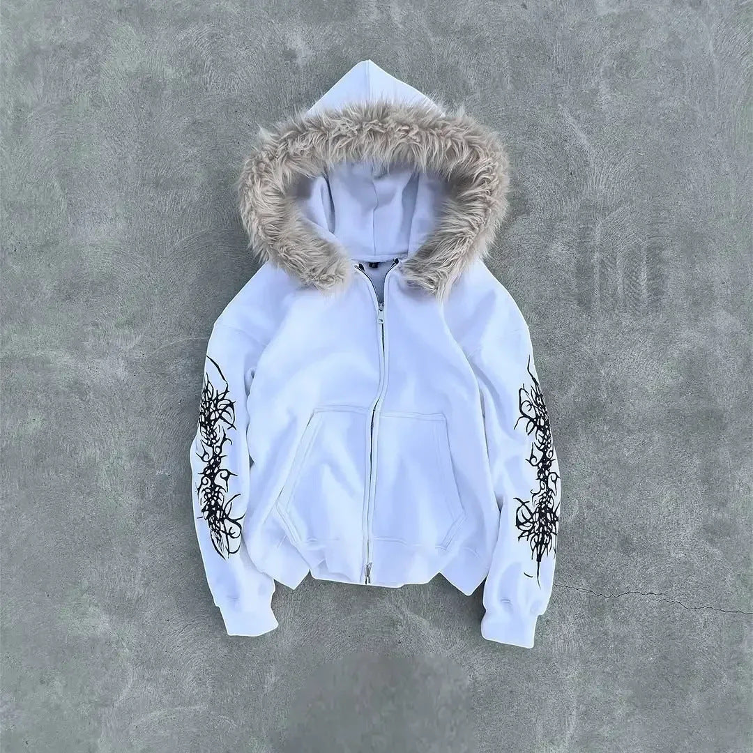 Cardigan in pile con cappuccio e cerniera frontale