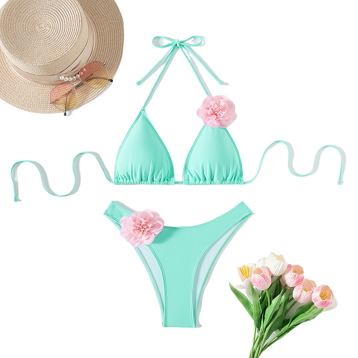Bikini sexy a tinta unita con stampa floreale tridimensionale