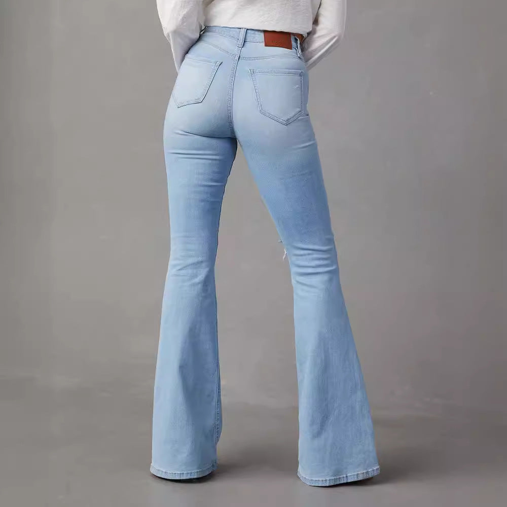 Pantaloni da donna eleganti a gamba larga, a vita alta e strappati, stile cowboy.
