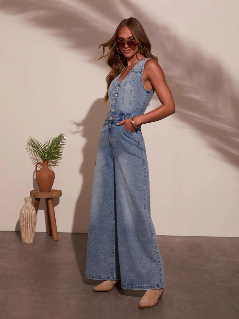 Tuta intera da donna in denim senza maniche con scollo a