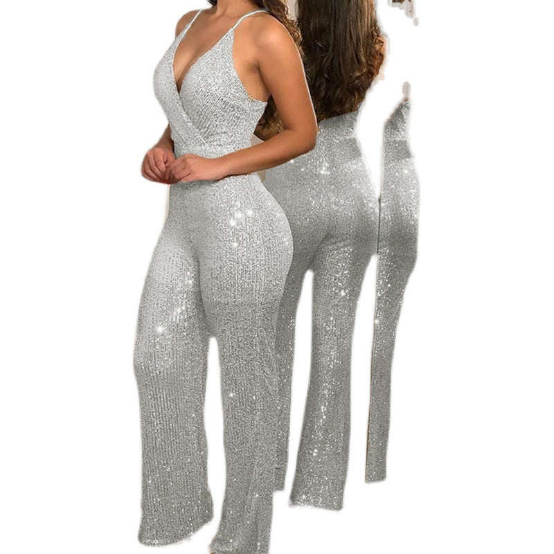 Tuta intera da donna slim fit con paillettes, scollo a V e spalline sottili
