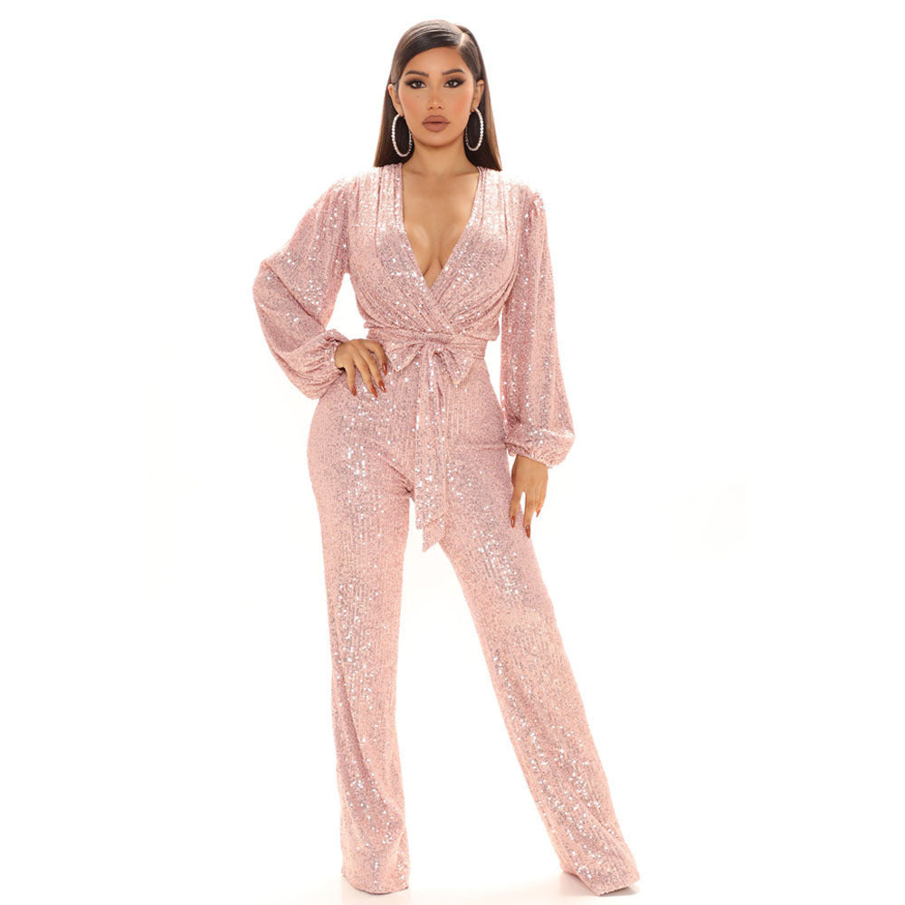 Pantaloni da donna a gamba larga con scollo a V e paillettes