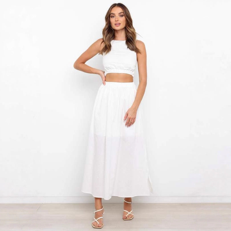 Solid color slim-fit pleated midi skirt