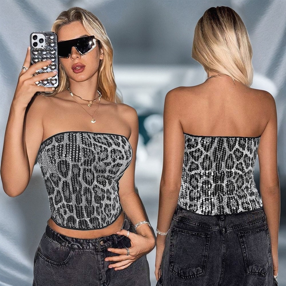 Leopard Print Sequin Tube Top