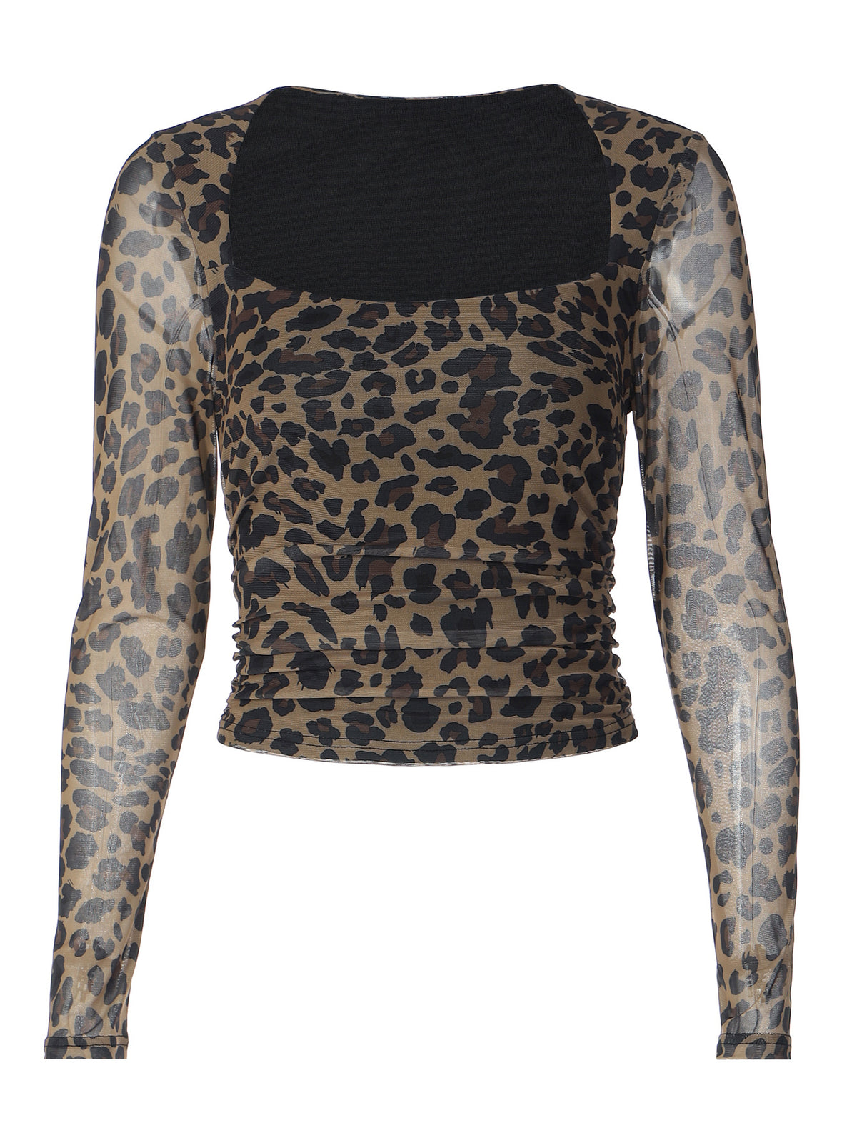 T-shirt da donna a maniche lunghe in rete con stampa leopardata