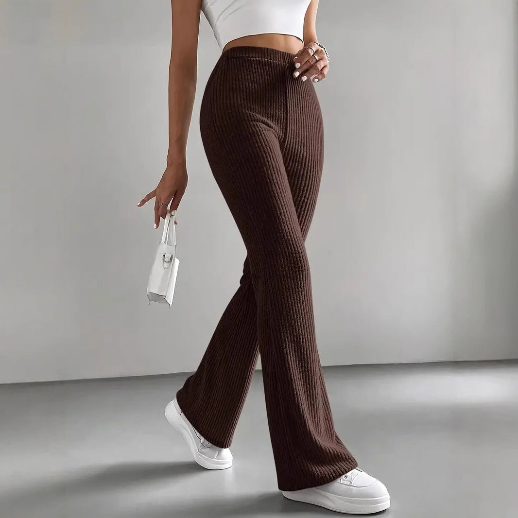 Pantaloni a zampa da donna, pantaloni casual a coste in tinta unita